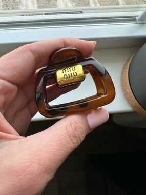 Miu Miu Tortoiseshell Brown and Gold Logo Hair Claw